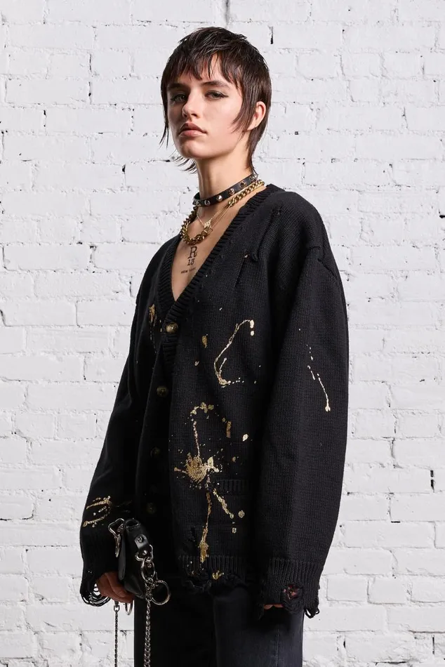 BOYFRIEND CARDIGAN 8211 GOLD SPLATTERED BLACK Women R13 Sweaters