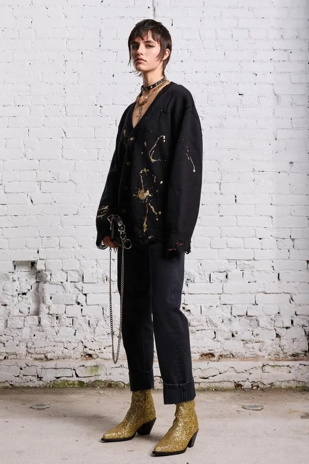BOYFRIEND CARDIGAN 8211 GOLD SPLATTERED BLACK Women R13 Sweaters