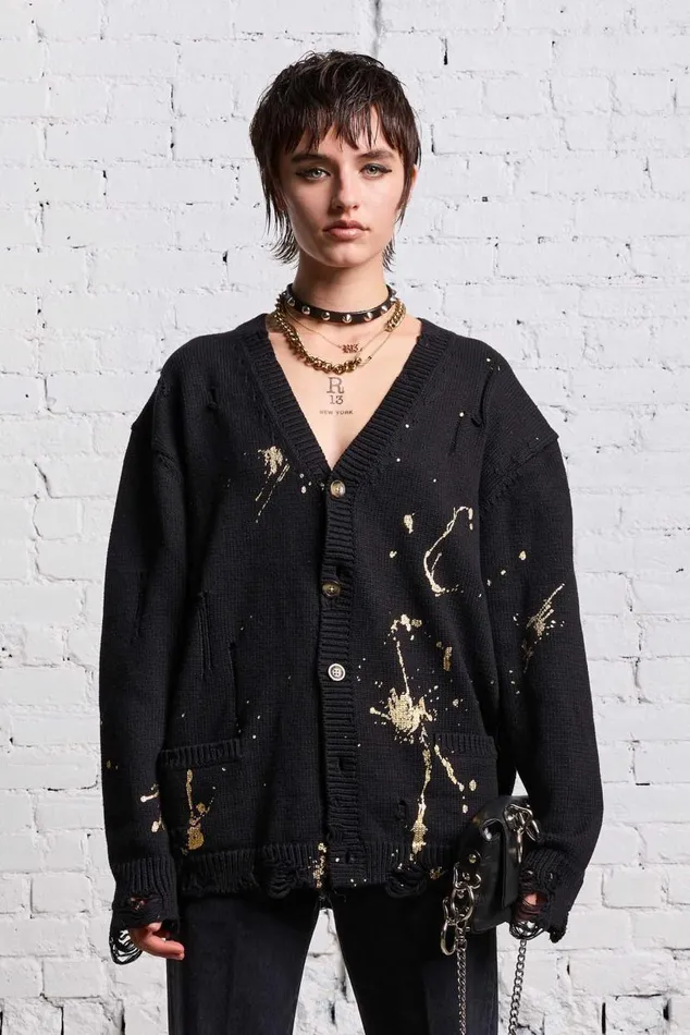 BOYFRIEND CARDIGAN 8211 GOLD SPLATTERED BLACK Women R13 Sweaters