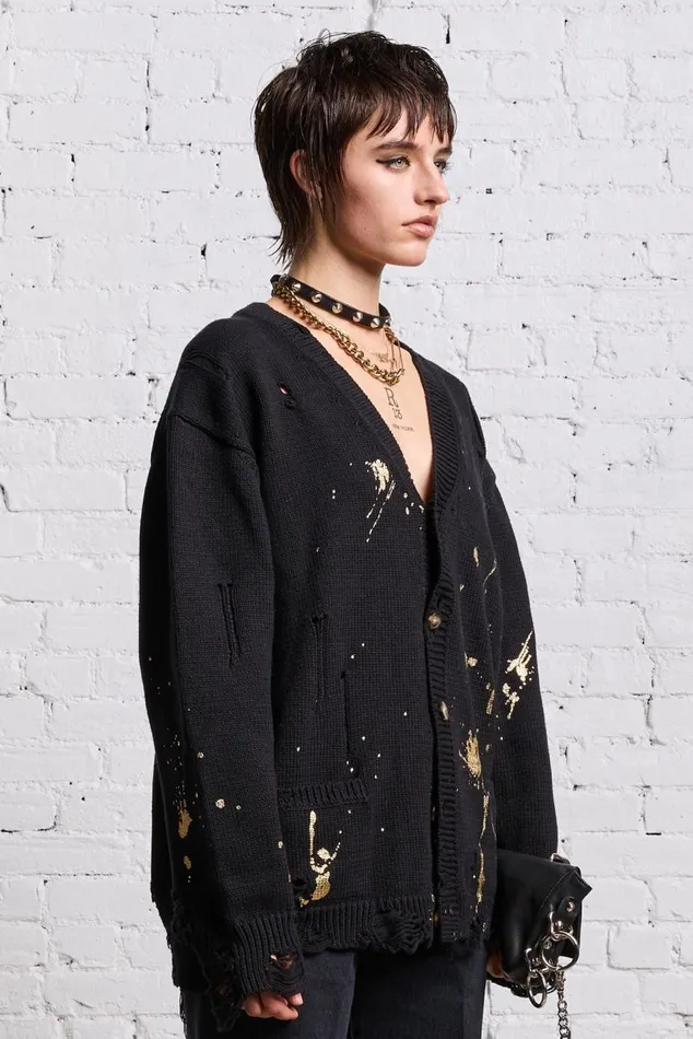 BOYFRIEND CARDIGAN 8211 GOLD SPLATTERED BLACK Women R13 Sweaters