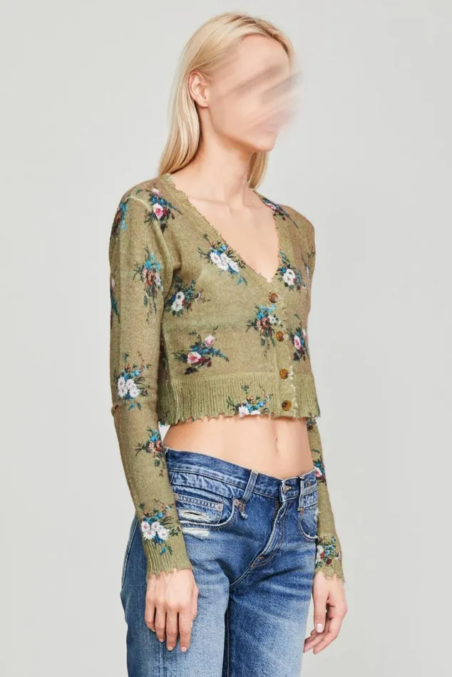 DISTRESSED CASHMERE BABY CARDIGAN 8211 FLORAL ON OLIVE Women R13 Sweaters