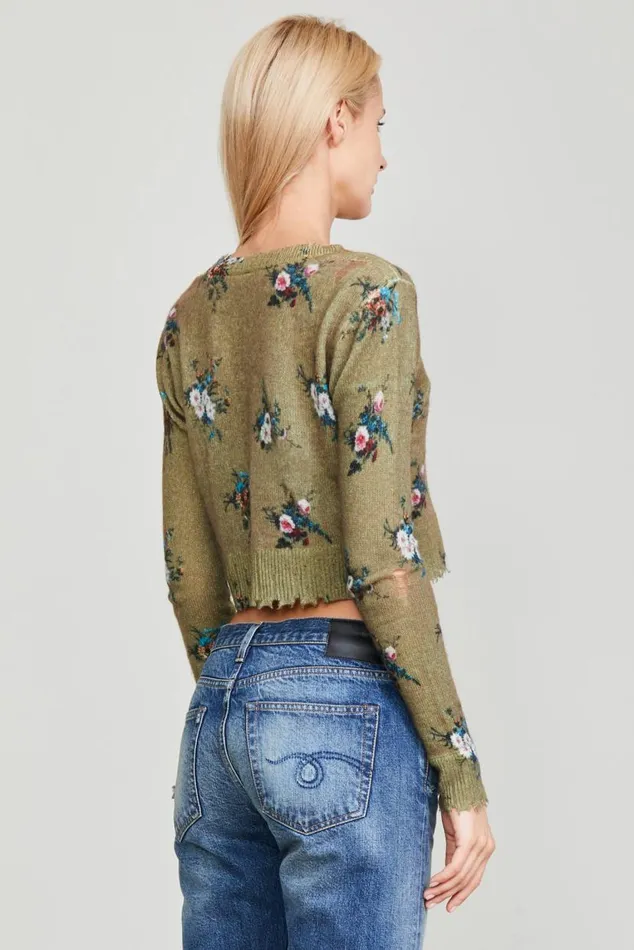 DISTRESSED CASHMERE BABY CARDIGAN 8211 FLORAL ON OLIVE Women R13 Sweaters