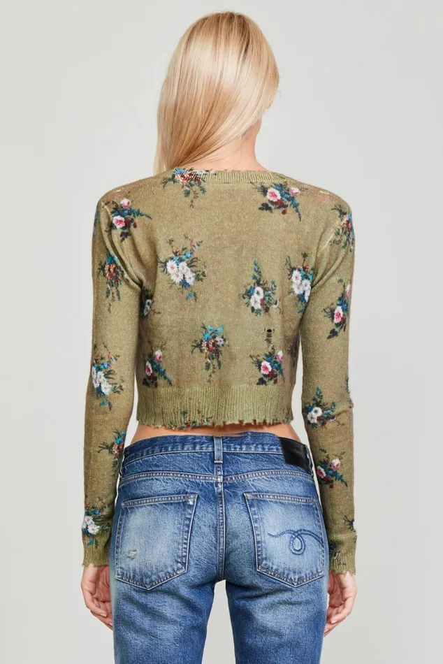 DISTRESSED CASHMERE BABY CARDIGAN 8211 FLORAL ON OLIVE Women R13 Sweaters