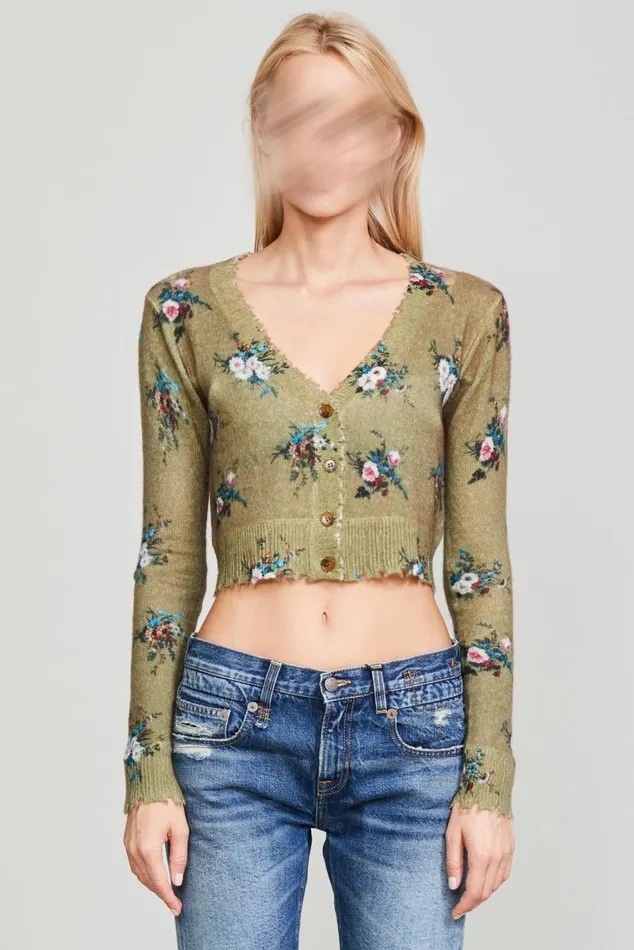 DISTRESSED CASHMERE BABY CARDIGAN 8211 FLORAL ON OLIVE Women R13 Sweaters