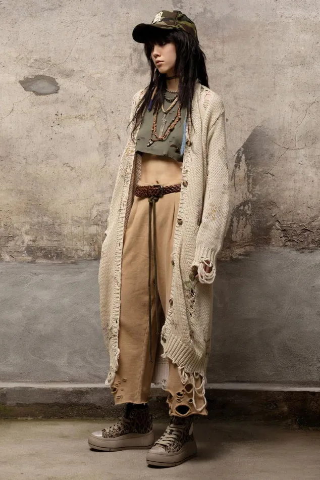 DISTRESSED LONG CARDIGAN 8211 FLORAL ON KHAKI Women R13 Sweaters