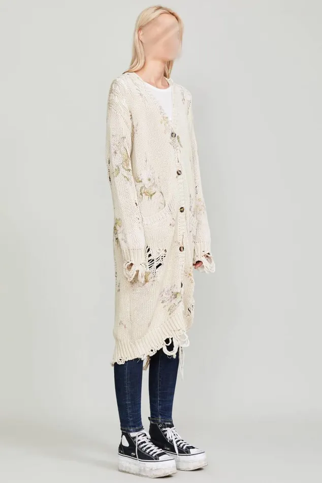 DISTRESSED LONG CARDIGAN 8211 FLORAL ON KHAKI Women R13 Sweaters