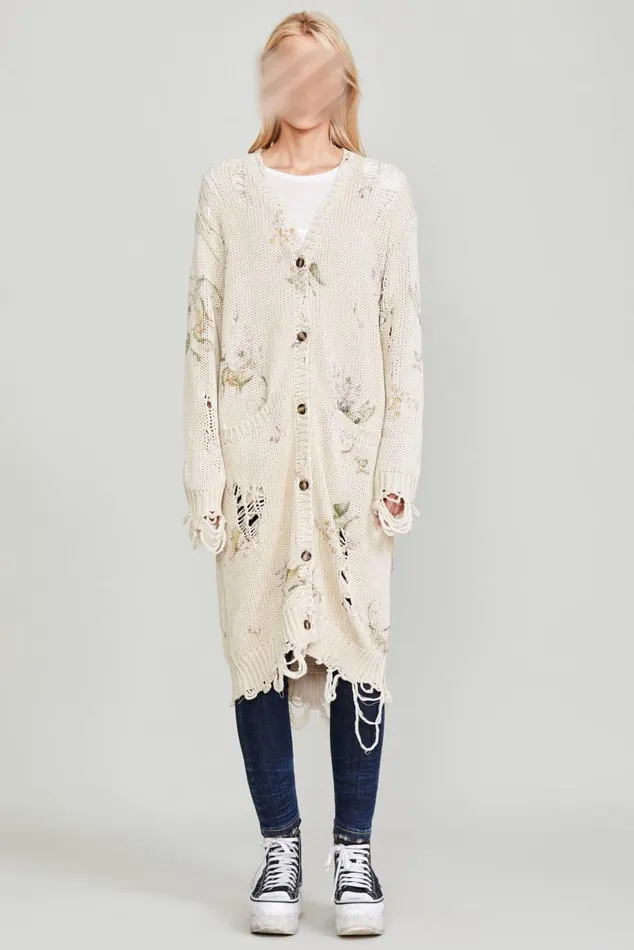 DISTRESSED LONG CARDIGAN 8211 FLORAL ON KHAKI Women R13 Sweaters