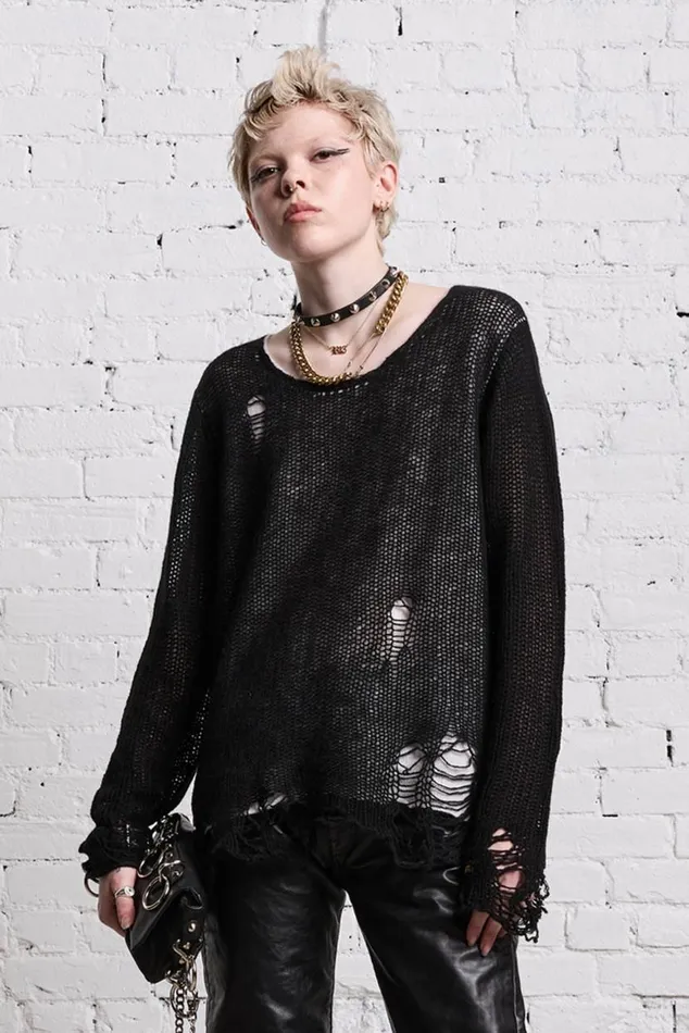 DOUBLE LAYER RELAXED SWEATER 8211 BLACK AND ECRU Women R13 Sweaters