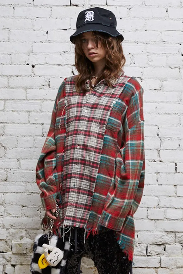 Drop Neck Combo Work Shirt 8211 Grey Blue Plaid Official Site Women R13 Tops