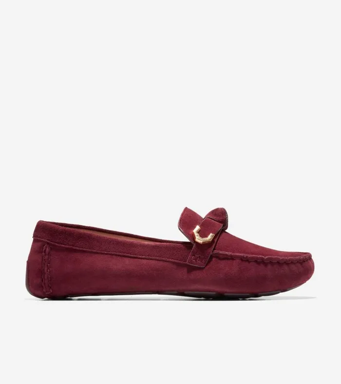 Evelyn Bow Driver Bloodstone Suede Women Cole Haan Loafers and Drivers