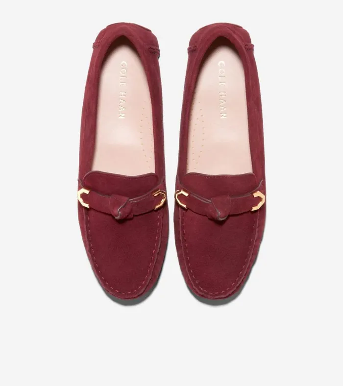 Evelyn Bow Driver Bloodstone Suede Women Cole Haan Loafers and Drivers