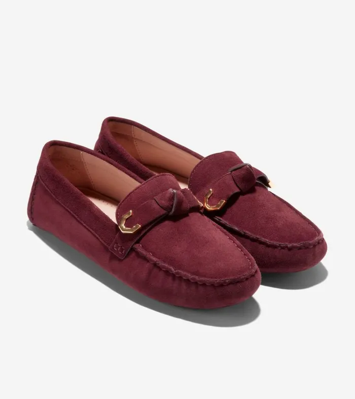 Evelyn Bow Driver Bloodstone Suede Women Cole Haan Loafers and Drivers
