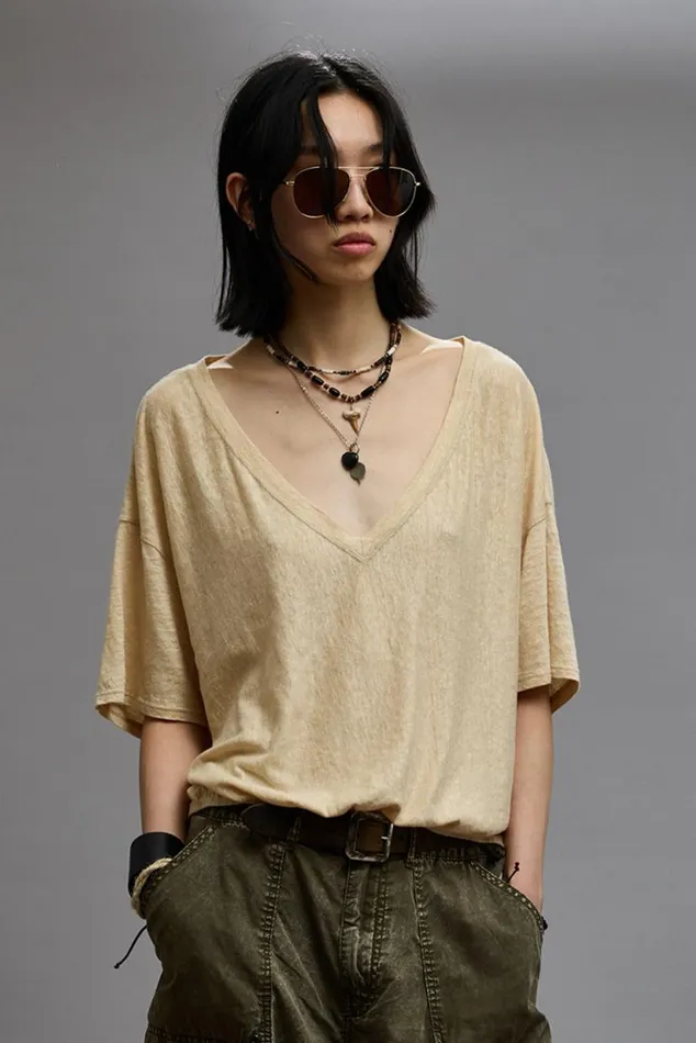 GATHERED HEM VNECK TEE 8211 KHAKI Women R13 TShirts
