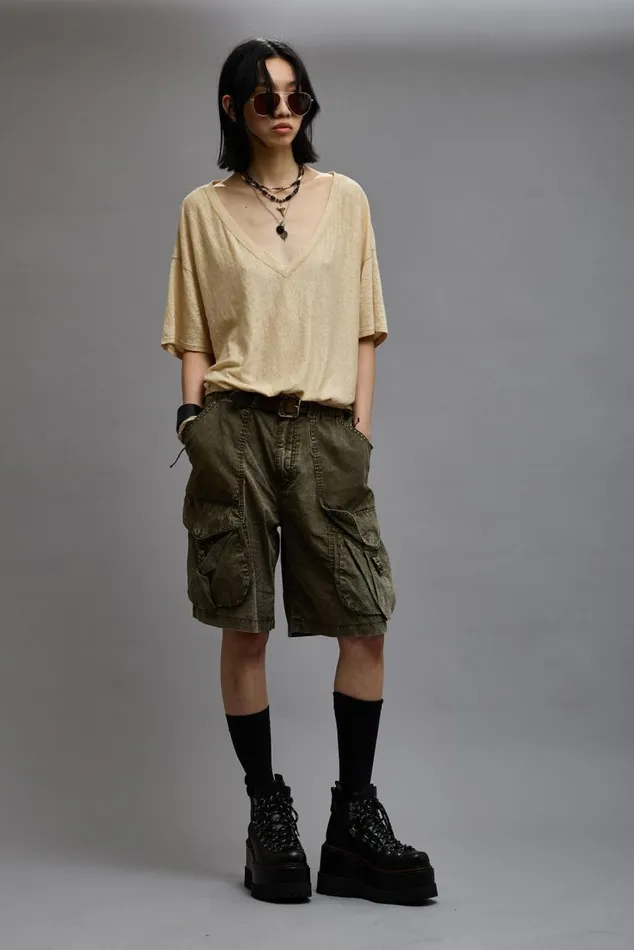 GATHERED HEM VNECK TEE 8211 KHAKI Women R13 TShirts