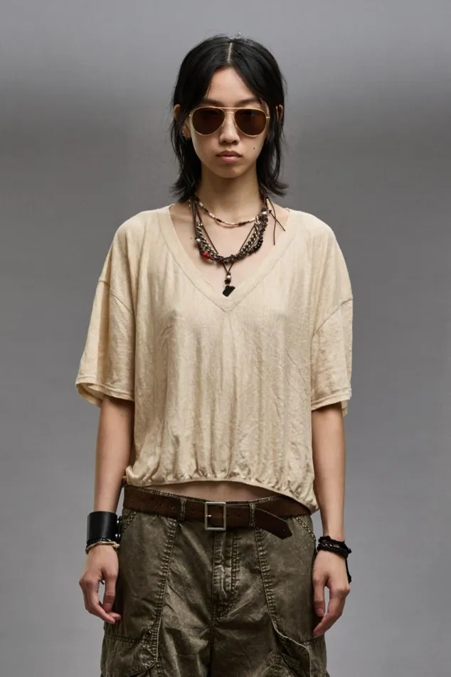 GATHERED HEM VNECK TEE 8211 KHAKI Women R13 TShirts