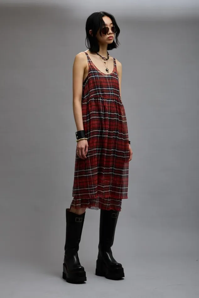 GATHERED TANK DRESS 8211 RED PLAID CHIFFON Women R13 Dresses and Skirts