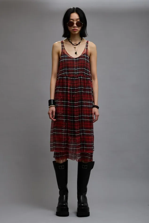 GATHERED TANK DRESS 8211 RED PLAID CHIFFON Women R13 Dresses and Skirts