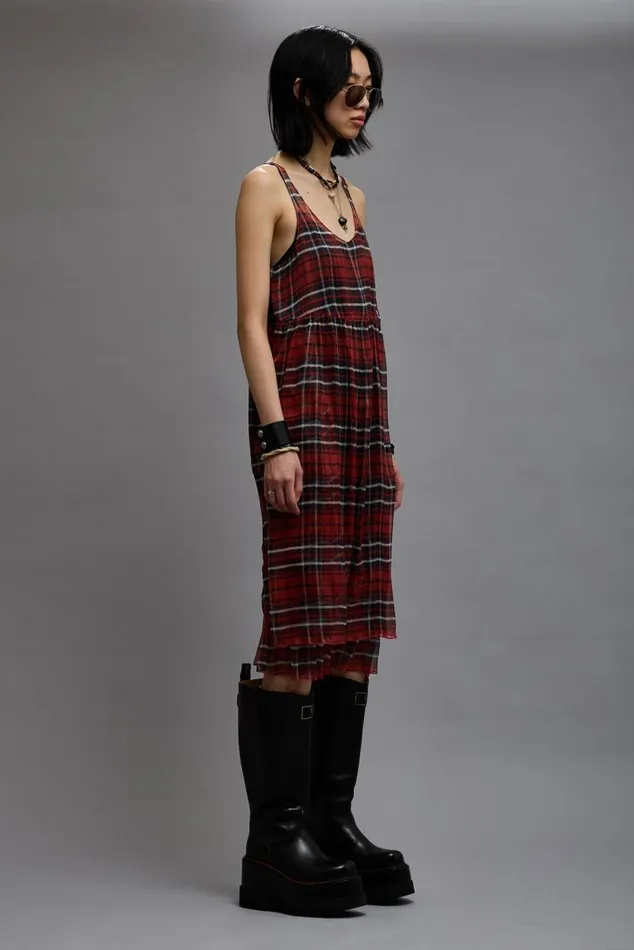GATHERED TANK DRESS 8211 RED PLAID CHIFFON Women R13 Dresses and Skirts