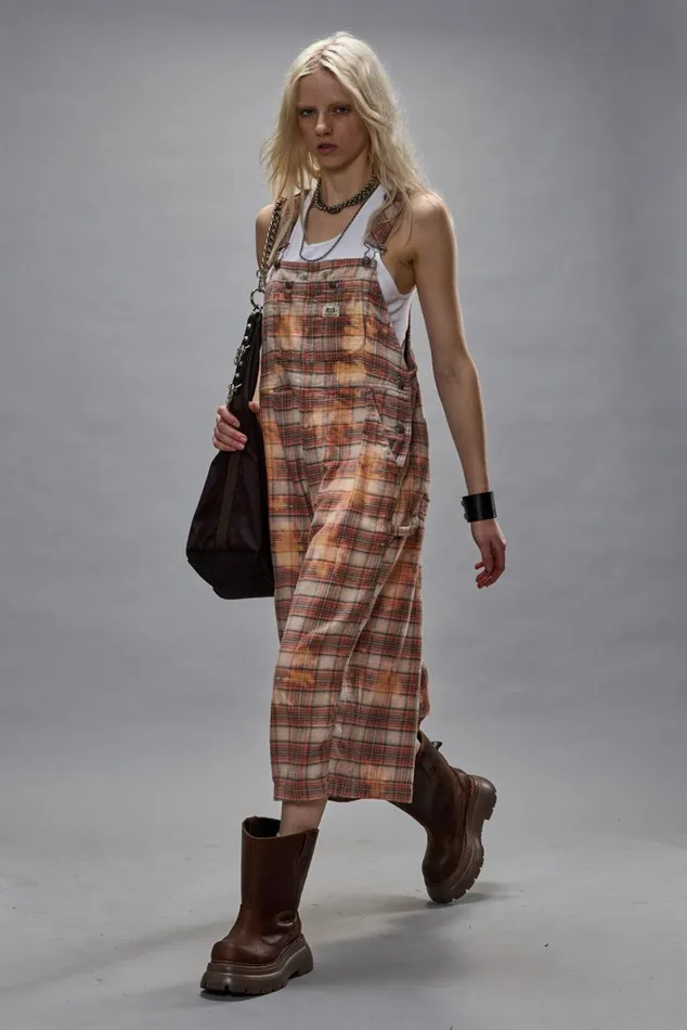 JUMBO OVERALL 8211 BLEACHED ORANGE PLAID Women R13 Pants and Shorts
