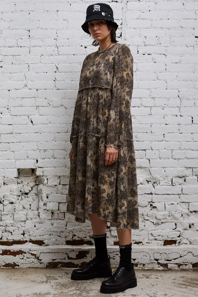 LONG SLEEVE SHREDDED RELAXED MIDI 8211 GREY LACE IMITATION Women R13 Dresses and Skirts LONG SLEEVE SHREDDED RELAXED MIDI 8211 GREY LACE IMITATION Women R13 Dresses and Skirts