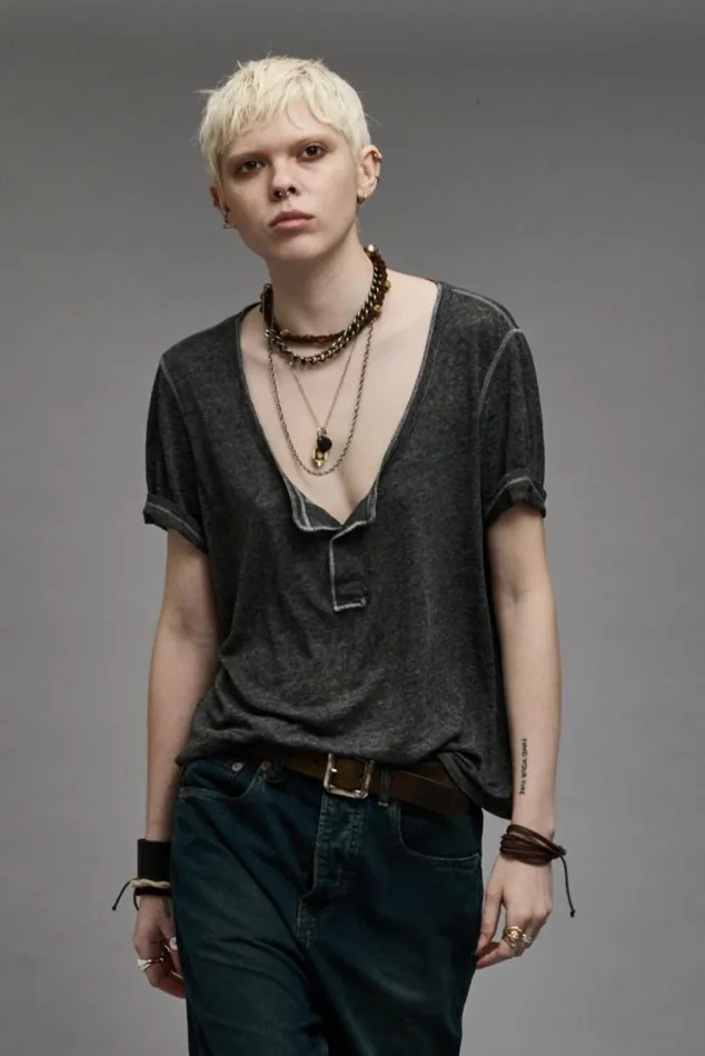 LOW NECK HENLEY TEE 8211 CHARCOAL Women R13 TShirts