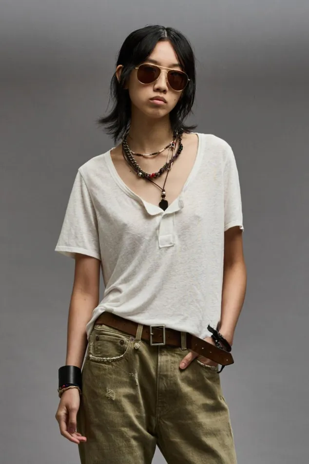 LOW NECK HENLEY TEE 8211 ECRU Women R13 TShirts