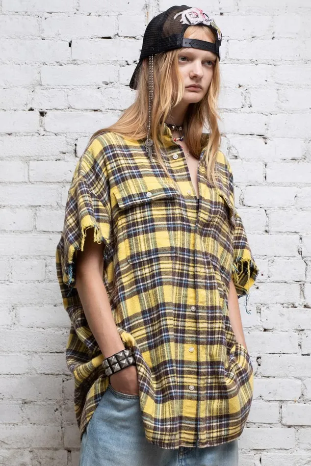 Oversized CutOff Shirt 8211 Yellow Plaid Official Site Women R13 Tops
