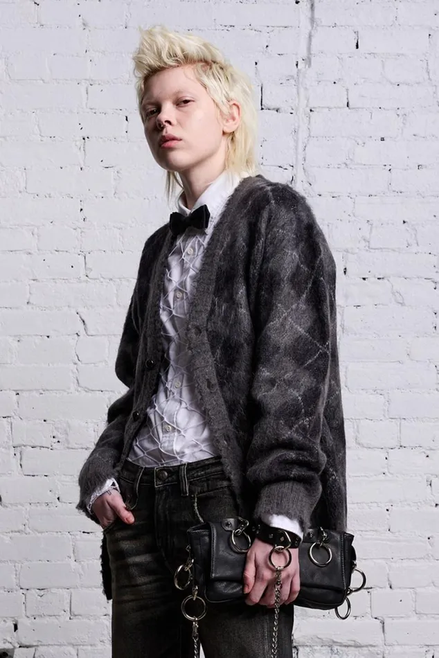 OVERSIZED DISTRESSED EDGE CARDIGAN 8211 CHARCOALBLACK ARGYLE Women R13 Sweaters