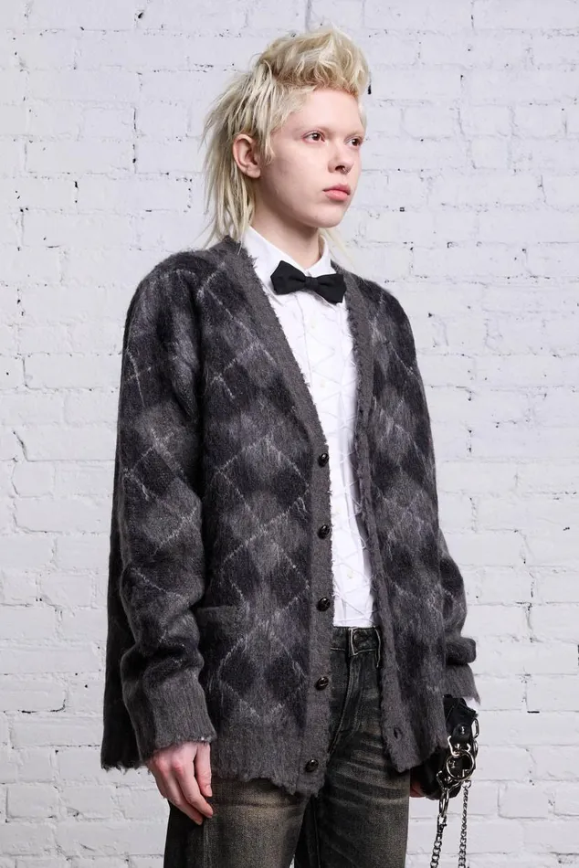 OVERSIZED DISTRESSED EDGE CARDIGAN 8211 CHARCOALBLACK ARGYLE Women R13 Sweaters
