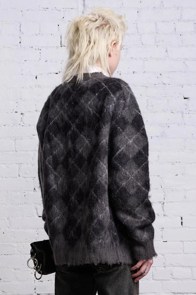 OVERSIZED DISTRESSED EDGE CARDIGAN 8211 CHARCOALBLACK ARGYLE Women R13 Sweaters