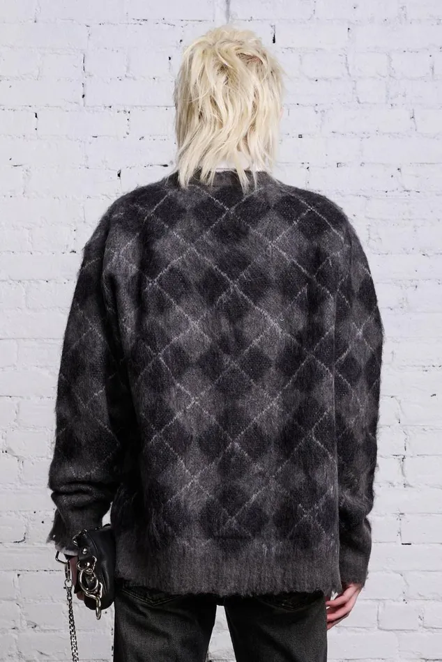 OVERSIZED DISTRESSED EDGE CARDIGAN 8211 CHARCOALBLACK ARGYLE Women R13 Sweaters