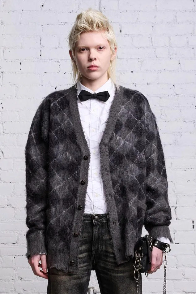 OVERSIZED DISTRESSED EDGE CARDIGAN 8211 CHARCOALBLACK ARGYLE Women R13 Sweaters
