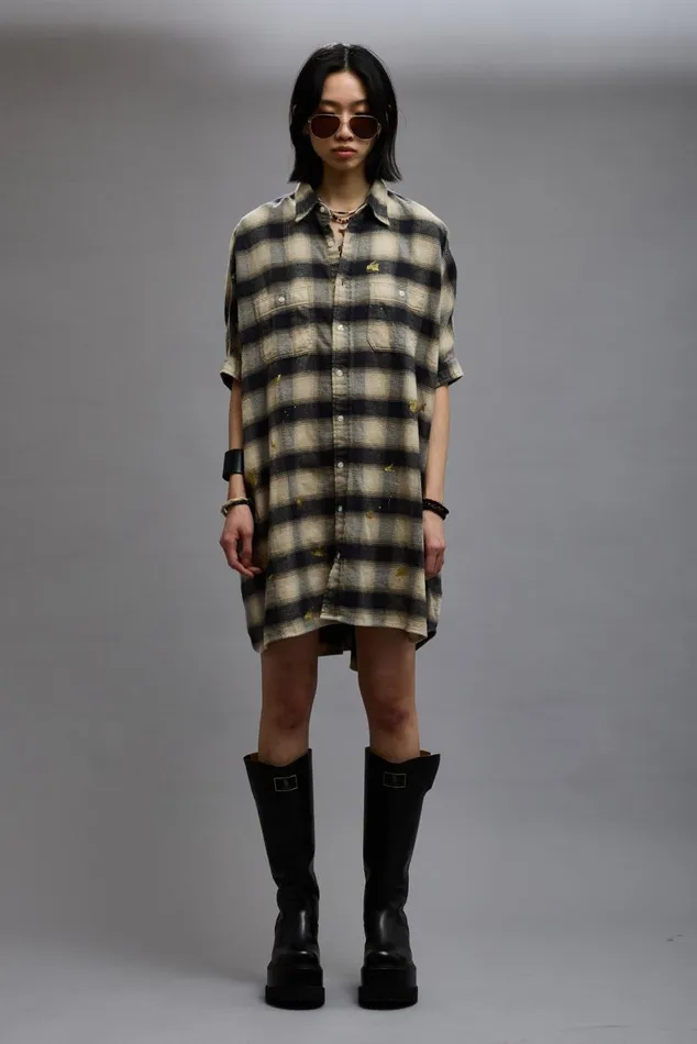 OVERSIZED RELAXED SHIRTDRESS 8211 SPLATTERED ECRU PLAID Women R13 Dresses and Skirts