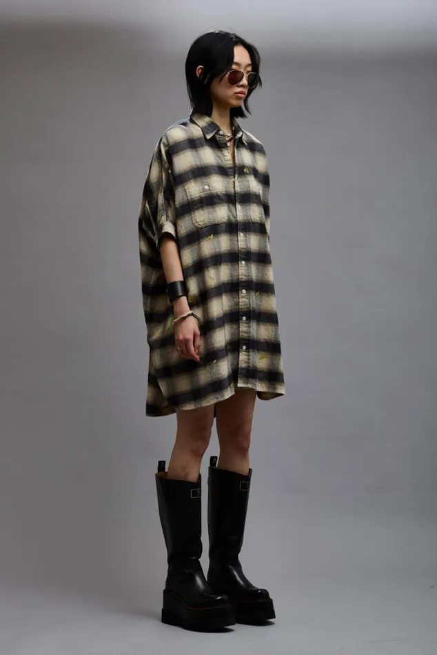 OVERSIZED RELAXED SHIRTDRESS 8211 SPLATTERED ECRU PLAID Women R13 Dresses and Skirts