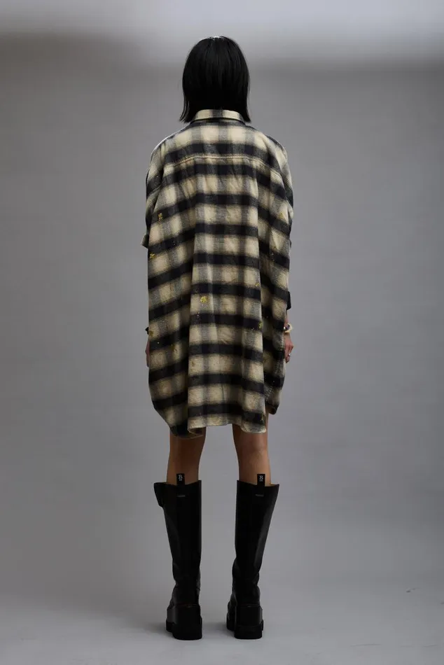 OVERSIZED RELAXED SHIRTDRESS 8211 SPLATTERED ECRU PLAID Women R13 Dresses and Skirts
