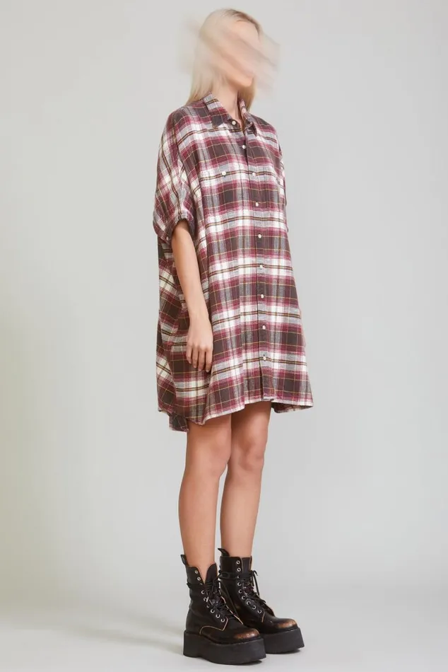 PLAID OVERSIZED BOXY SHIRTDRESS 8211 ECRUMAROON PLAID Women R13 Dresses and Skirts