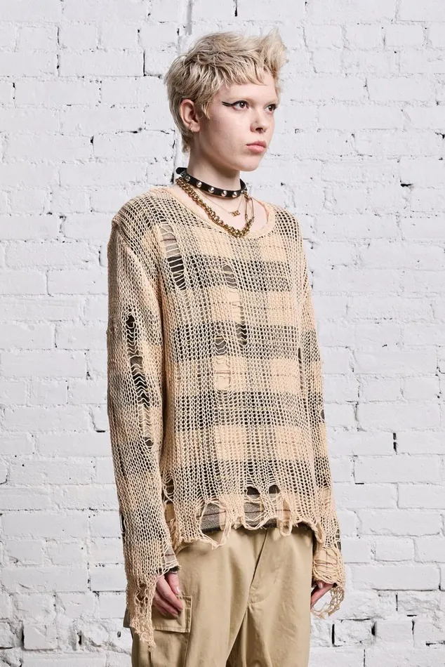 RELAXED OVERLAY CREWNECK 8211 CREAM AND BLACK PLAID Women R13 Sweaters