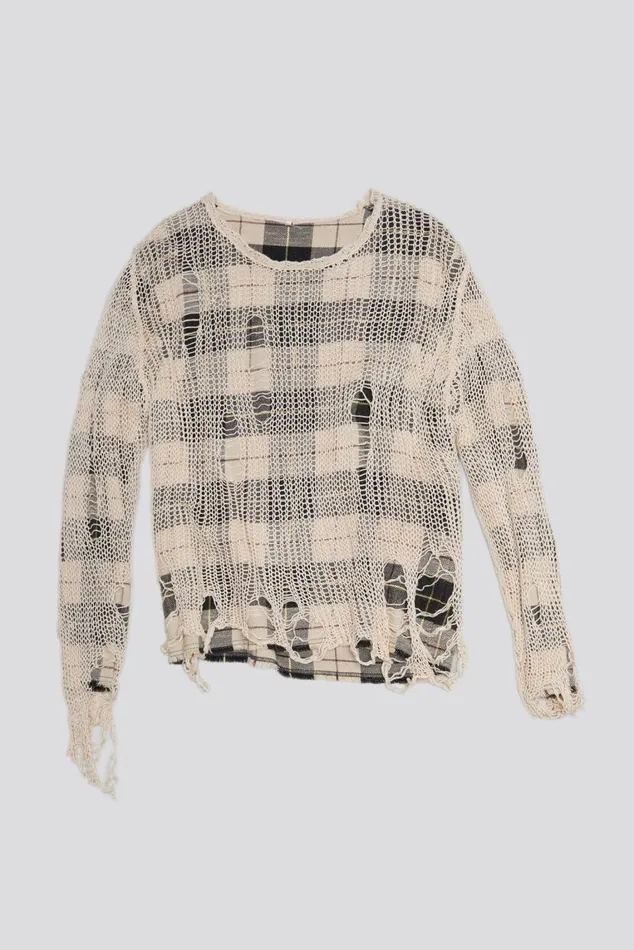RELAXED OVERLAY CREWNECK 8211 CREAM AND BLACK PLAID Women R13 Sweaters