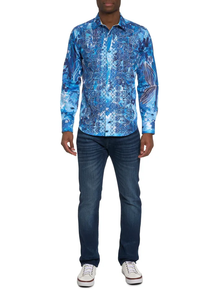 Robert Graham Long Sleeve Button Down Shirts Men LIMITED EDITION FLORAL ESCAPE BUTTON FRONT SHIRT Blue