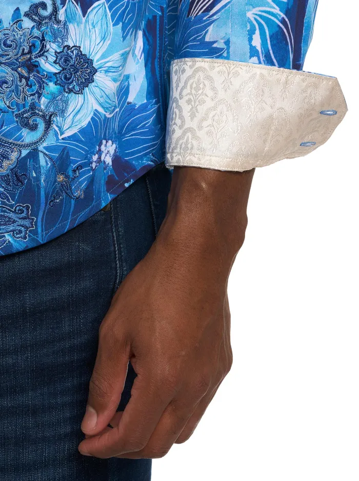 Robert Graham Long Sleeve Button Down Shirts Men LIMITED EDITION FLORAL ESCAPE BUTTON FRONT SHIRT Blue