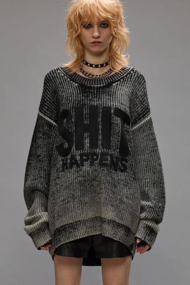 SHIT HAPPENS BOYFRIEND SWEATER 8211 DISTRESSED BLACK Women R13 Sweaters