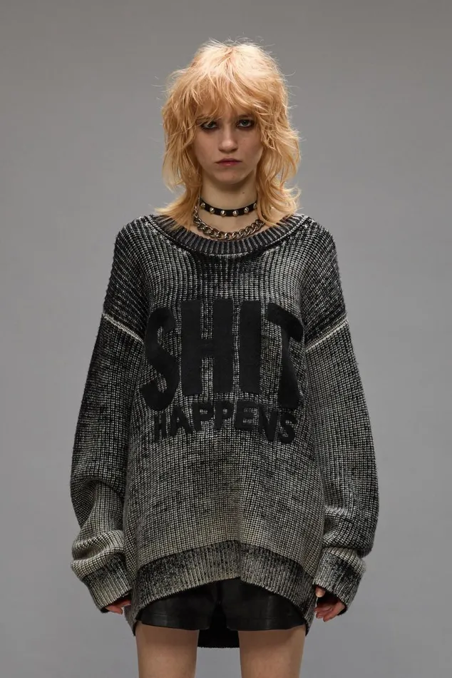 SHIT HAPPENS BOYFRIEND SWEATER 8211 DISTRESSED BLACK Women R13 Sweaters