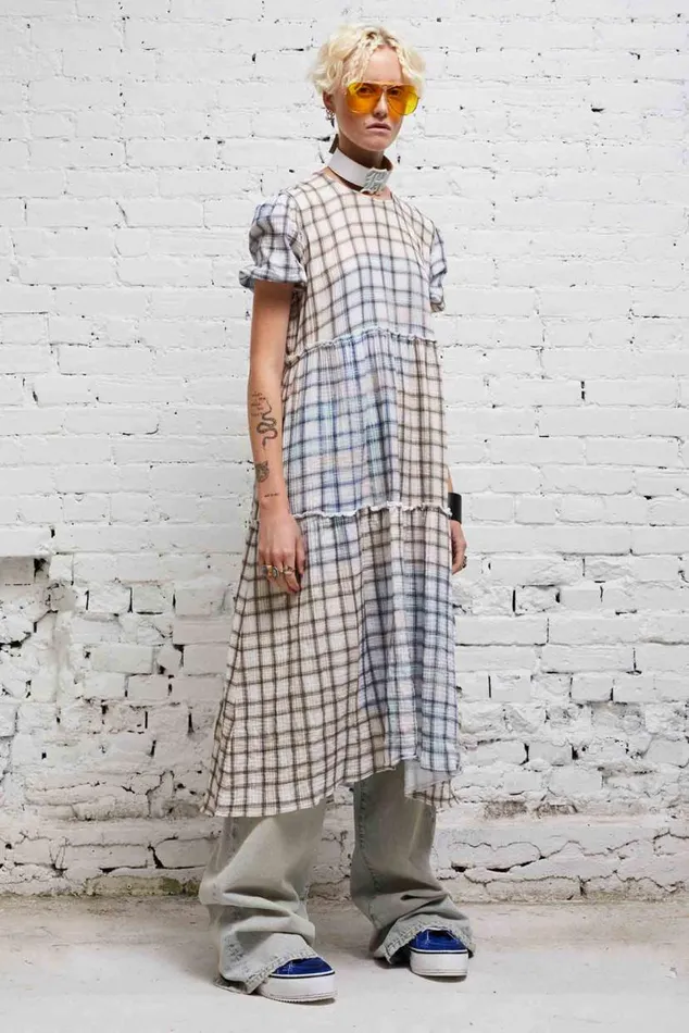 SHREDDED RELAXED MIDI 8211 BLEACHED PLAID Women R13 Dresses and Skirts