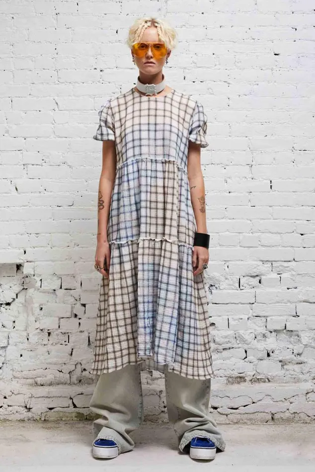 SHREDDED RELAXED MIDI 8211 BLEACHED PLAID Women R13 Dresses and Skirts