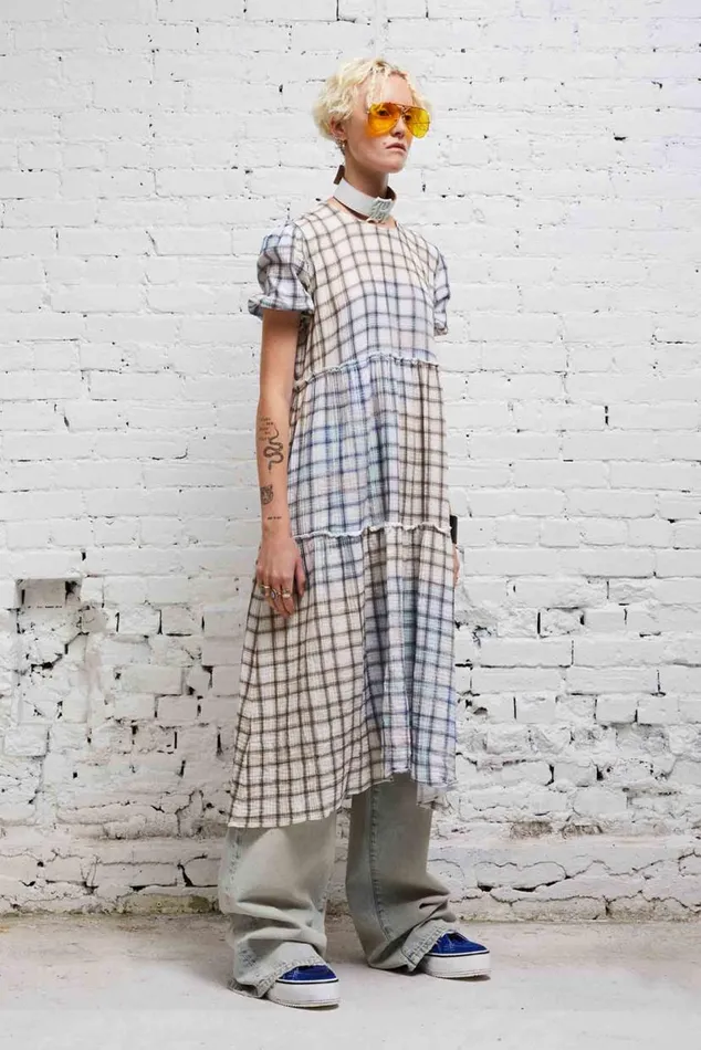 SHREDDED RELAXED MIDI 8211 BLEACHED PLAID Women R13 Dresses and Skirts