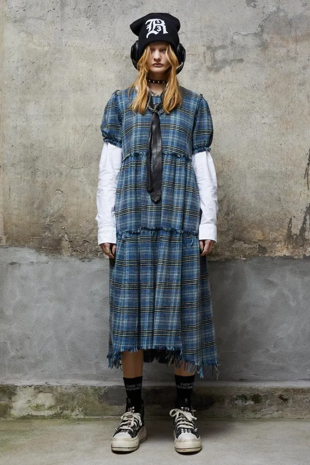 SHREDDED RELAXED MIDI 8211 BLUE PLAID Women R13 Dresses and Skirts