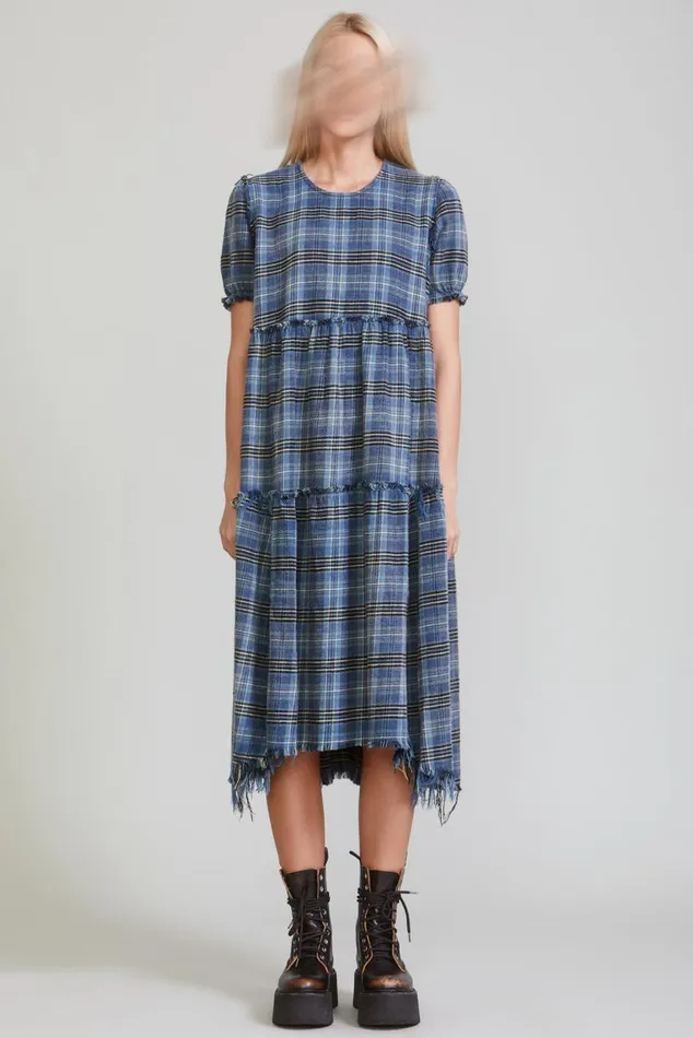 SHREDDED RELAXED MIDI 8211 BLUE PLAID Women R13 Dresses and Skirts