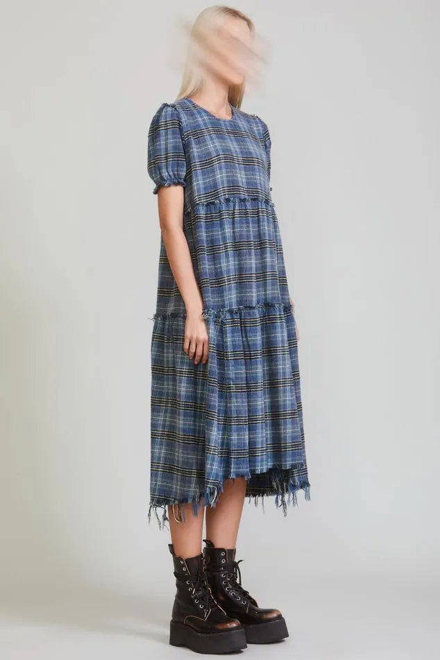 SHREDDED RELAXED MIDI 8211 BLUE PLAID Women R13 Dresses and Skirts