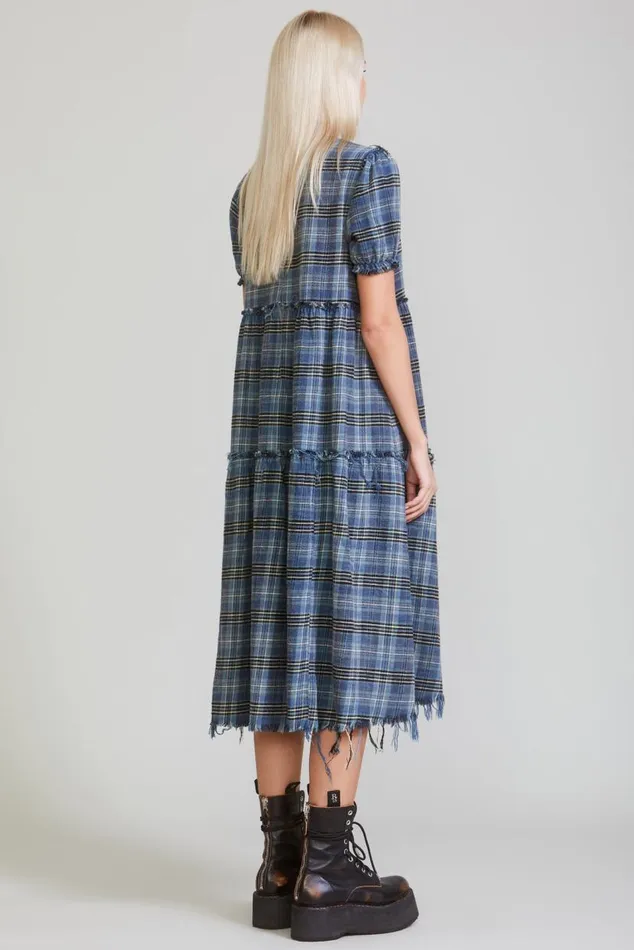 SHREDDED RELAXED MIDI 8211 BLUE PLAID Women R13 Dresses and Skirts