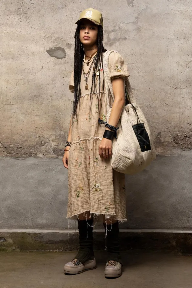 SHREDDED RELAXED MIDI 8211 FLORAL ON KHAKI Women R13 Dresses and Skirts